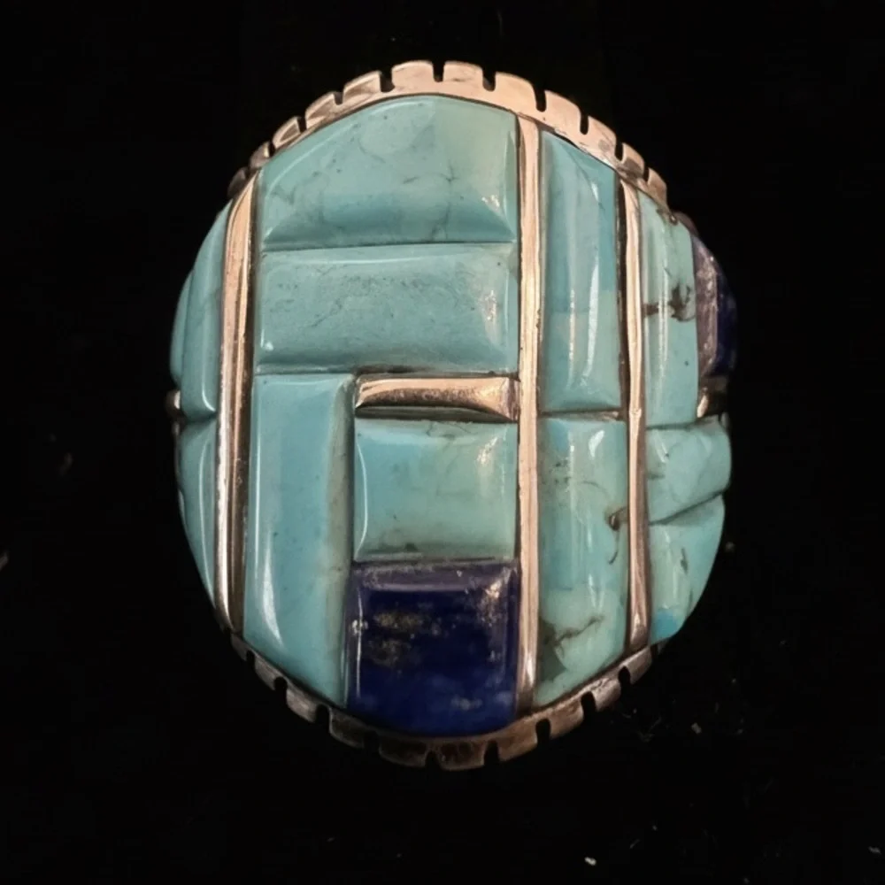 Turquoise & Lapis Inlay Statement Ring sterling Silver setting native design‎